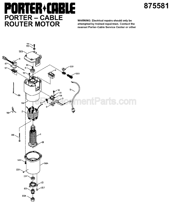 Page A Diagram and Parts List for 875581  Porter Cable Router